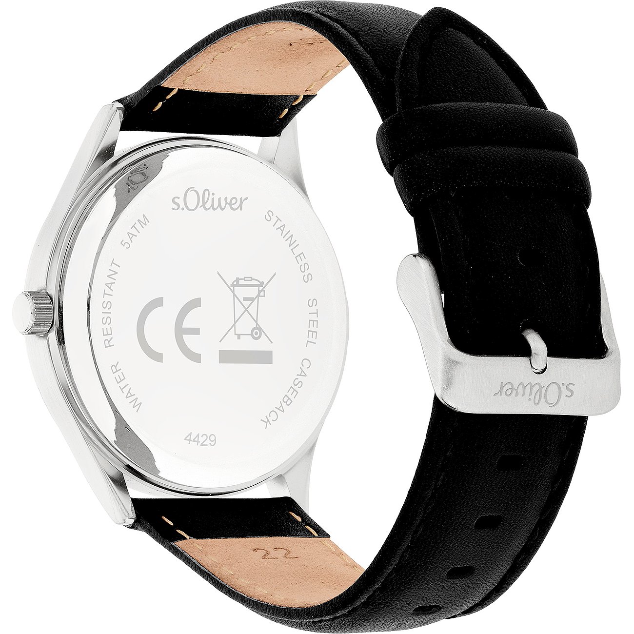 Rückseite einer s.Oliver Herrenuhr aus blauem Metall, mit schwarzem Lederarmband und spiegelndem Gehäuse.