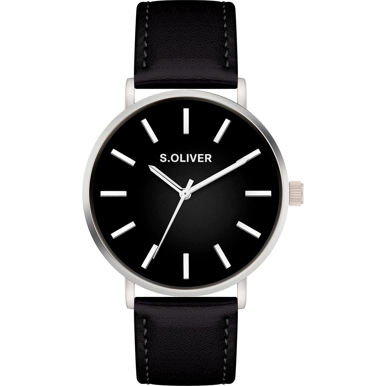 s.Oliver Herrenuhr aus Metall mit schwarzem Zifferblatt, silbernem Gehäuse und schwarzem Armband.