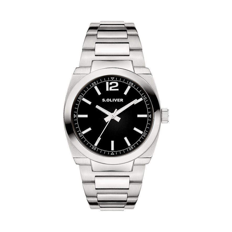 s.Oliver Herrenuhr aus silberfarbenem Metall mit schwarzem Zifferblatt, frontale Ansicht.