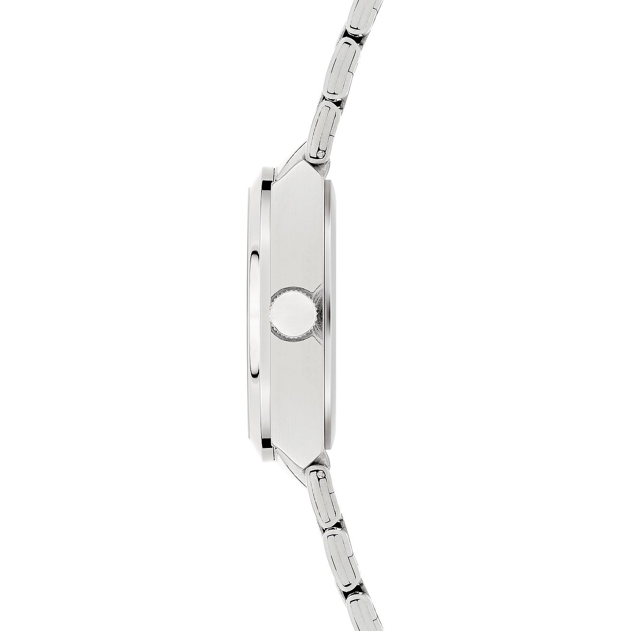 Seitenansicht der s.Oliver Herrenuhr aus silberfarbenem Metall mit sichtbarer Krone und teilweise sichtbarem Armband.