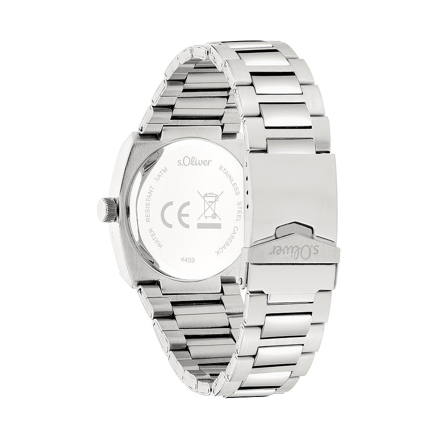Rückseite einer s.Oliver Herrenuhr aus Metall. Das Gehäuse zeigt Details wie „s.Oliver“ und „WATER RESISTANT 3ATM“.