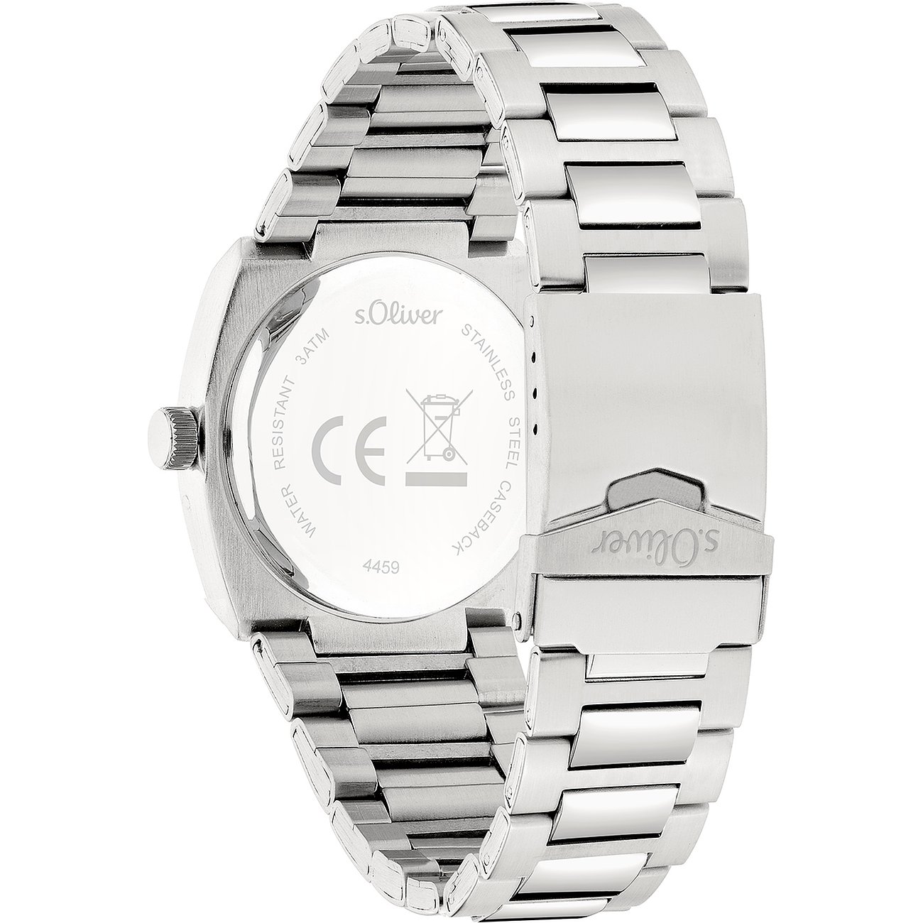Rückseite einer s.Oliver Herrenuhr aus Metall. Das Gehäuse zeigt Details wie „s.Oliver“ und „WATER RESISTANT 3ATM“.