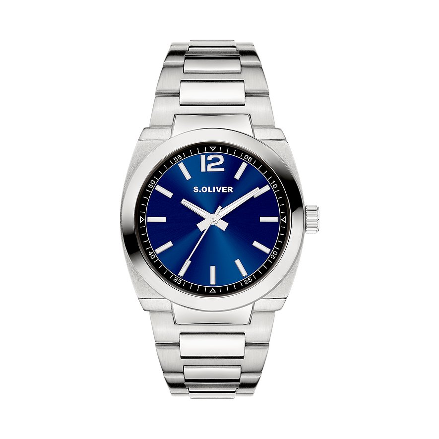 s.Oliver Herrenuhr aus silberfarbenem Metall von vorne mit blauem Zifferblatt und silbernen Zeigern.