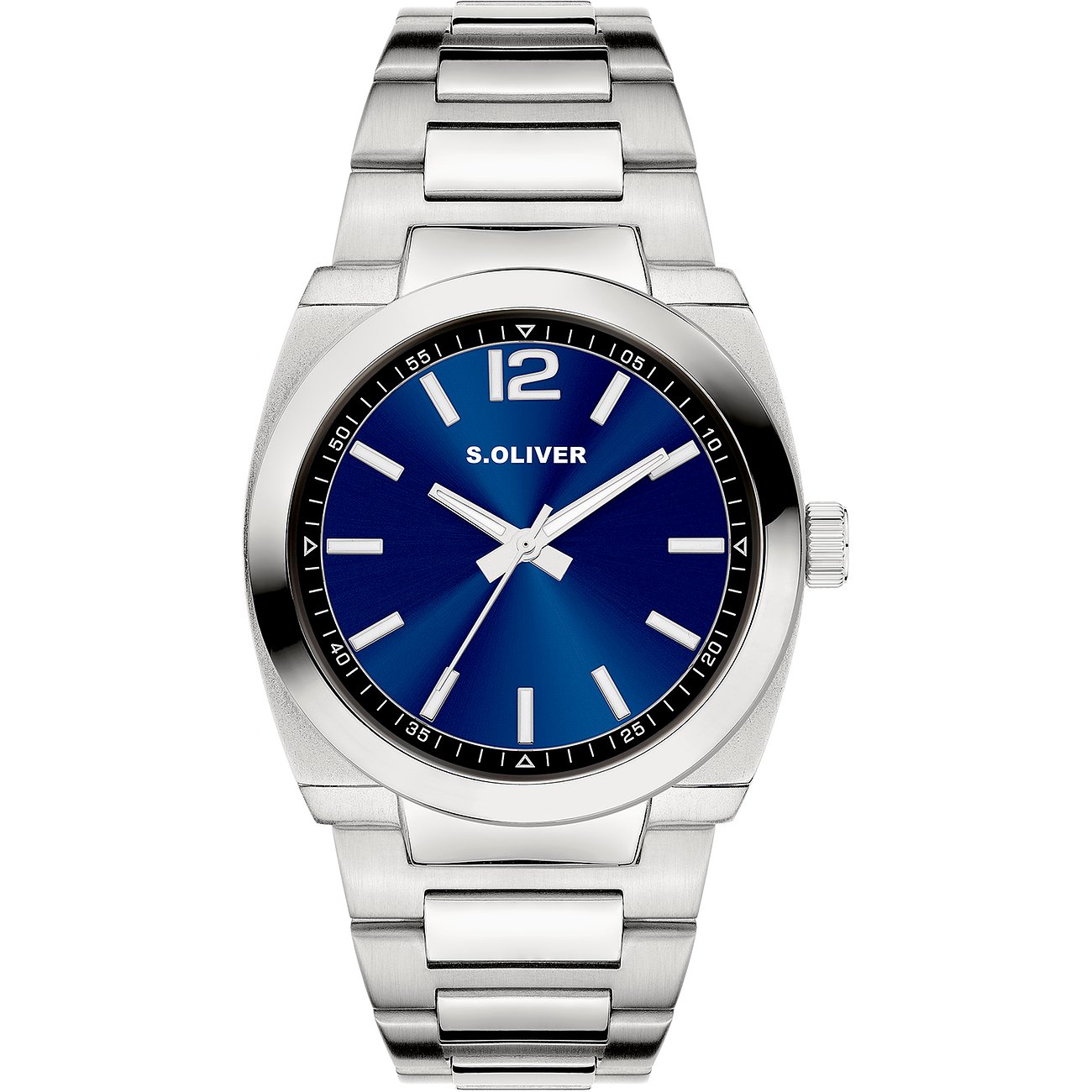 s.Oliver Herrenuhr aus silberfarbenem Metall von vorne mit blauem Zifferblatt und silbernen Zeigern.