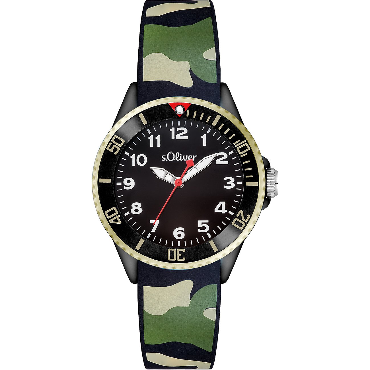 Montre enfant s.Oliver avec cadran noir et lunette dorée. Le bracelet présente un motif camouflage.
