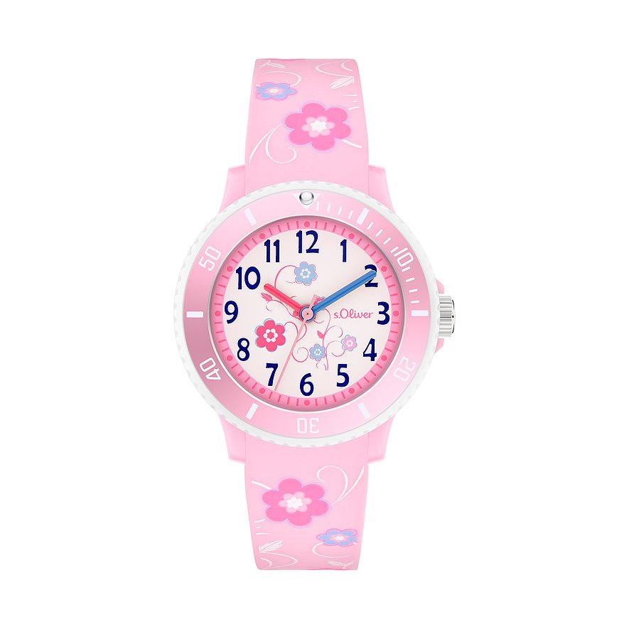 s.Oliver Kinderuhr aus Kunststoff mit rosa Blütenmuster auf dem Armband und Zifferblatt, frontale Ansicht.