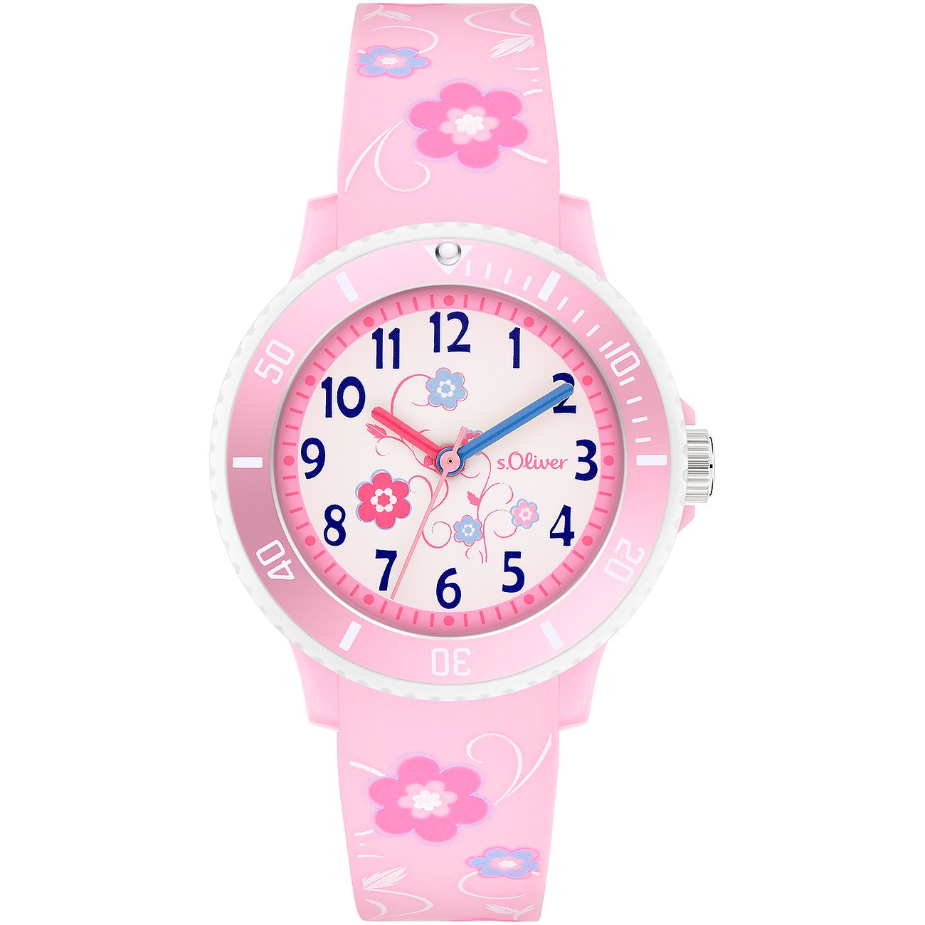 s.Oliver Kinderuhr aus Kunststoff mit rosa Blütenmuster auf dem Armband und Zifferblatt, frontale Ansicht.