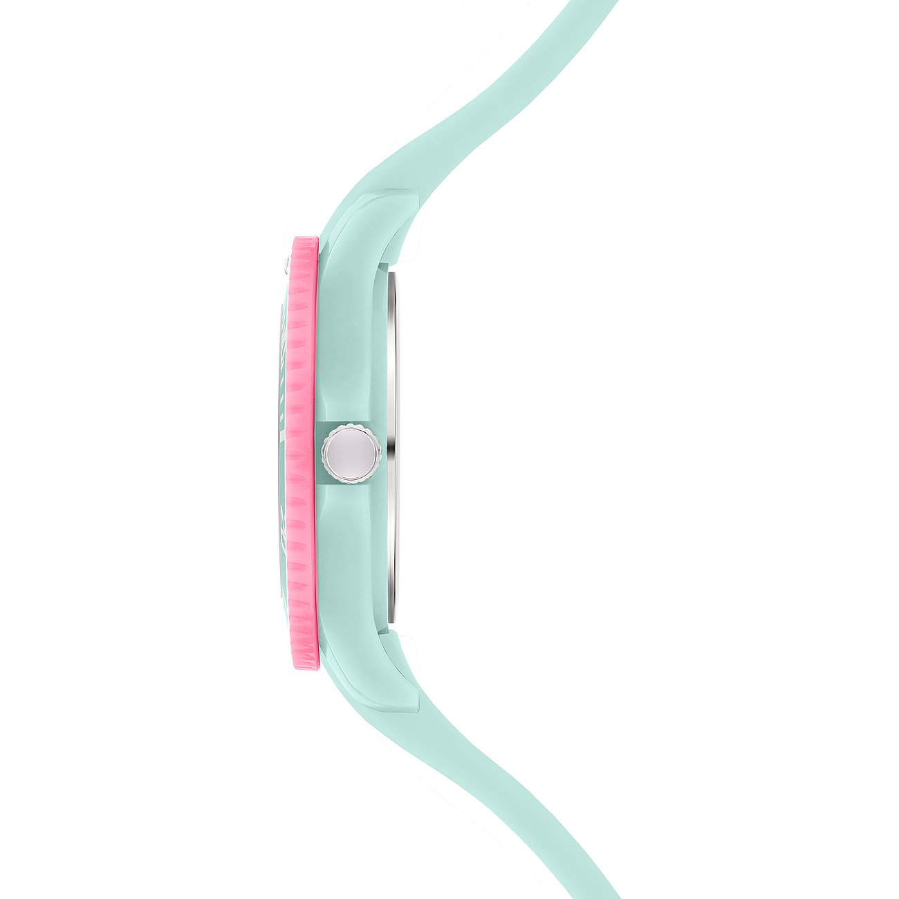 Seitenansicht der s.Oliver Kinderuhr aus Kunststoff in Hellblau und Pink mit Krone.