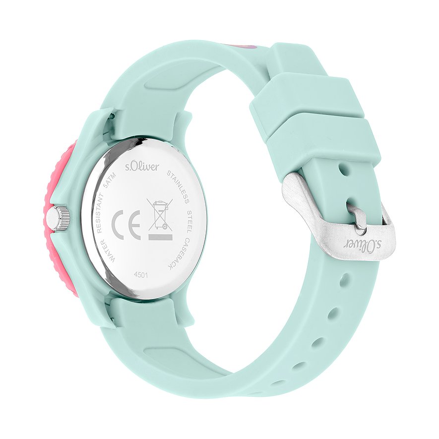 Rückansicht der s.Oliver Kinder-Armbanduhr aus Kunststoff mit einem mintgrünen Band und rosafarbenem Gehäuse.