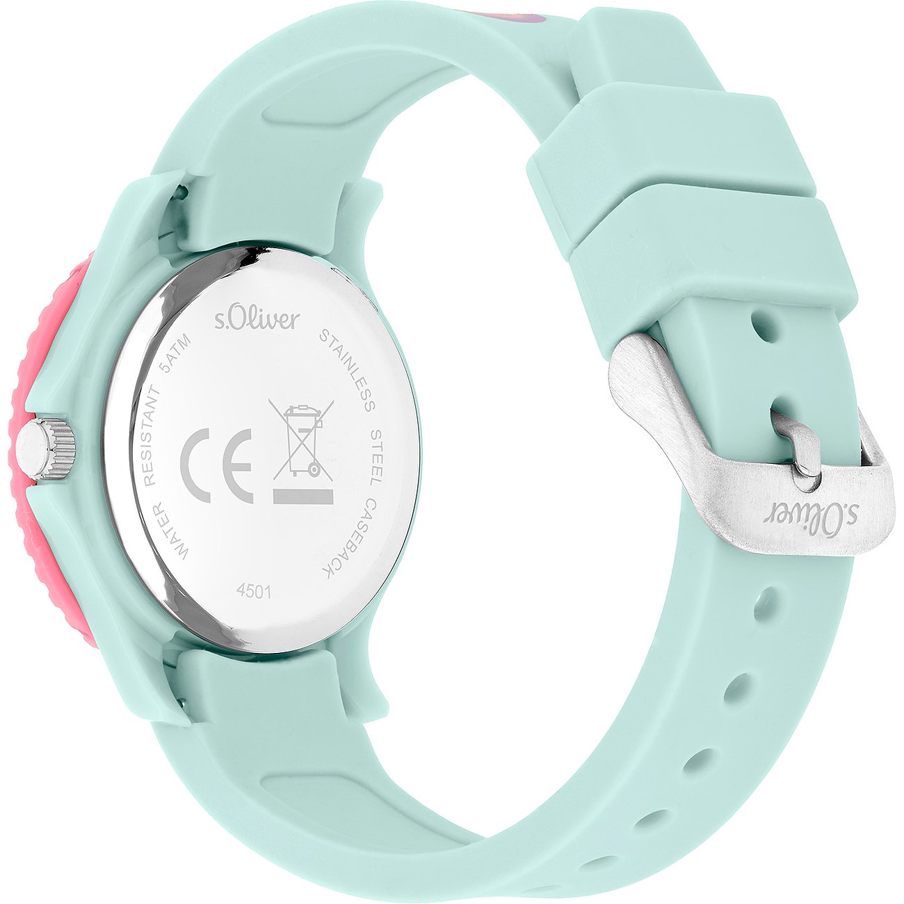 Rückansicht der s.Oliver Kinder-Armbanduhr aus Kunststoff mit einem mintgrünen Band und rosafarbenem Gehäuse.