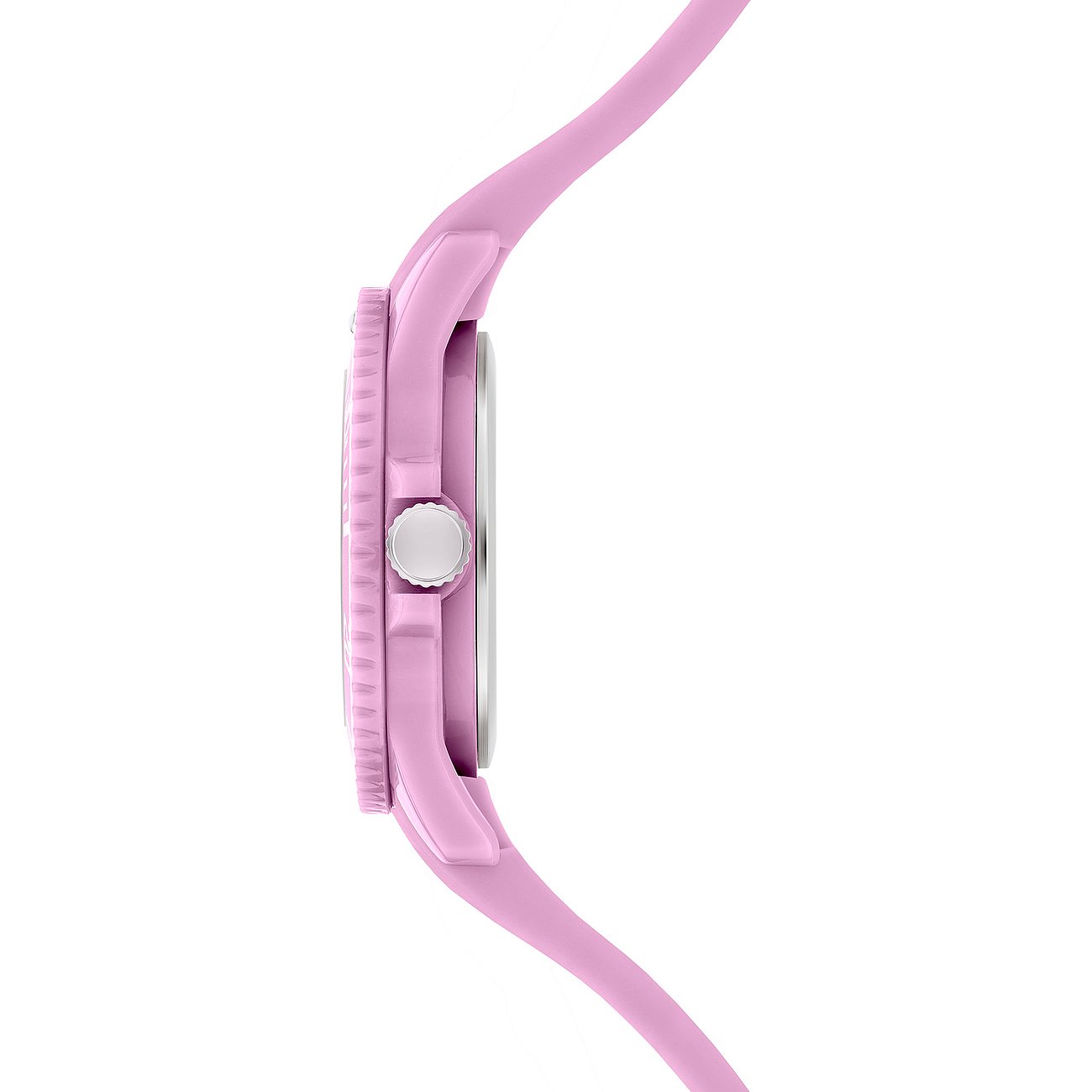 Seitenansicht der s.Oliver Kinder-/Jugenduhr aus Kunststoff in Rosa mit silbernem Uhrenkopf.