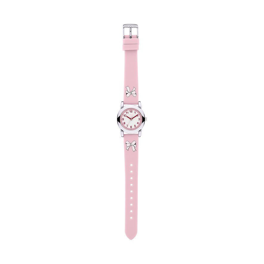 Die s.Oliver Kinder-/Jugenduhr aus Metall hat ein pinkes Armband mit Schleifen und ein Zifferblatt in derselben Farbe.