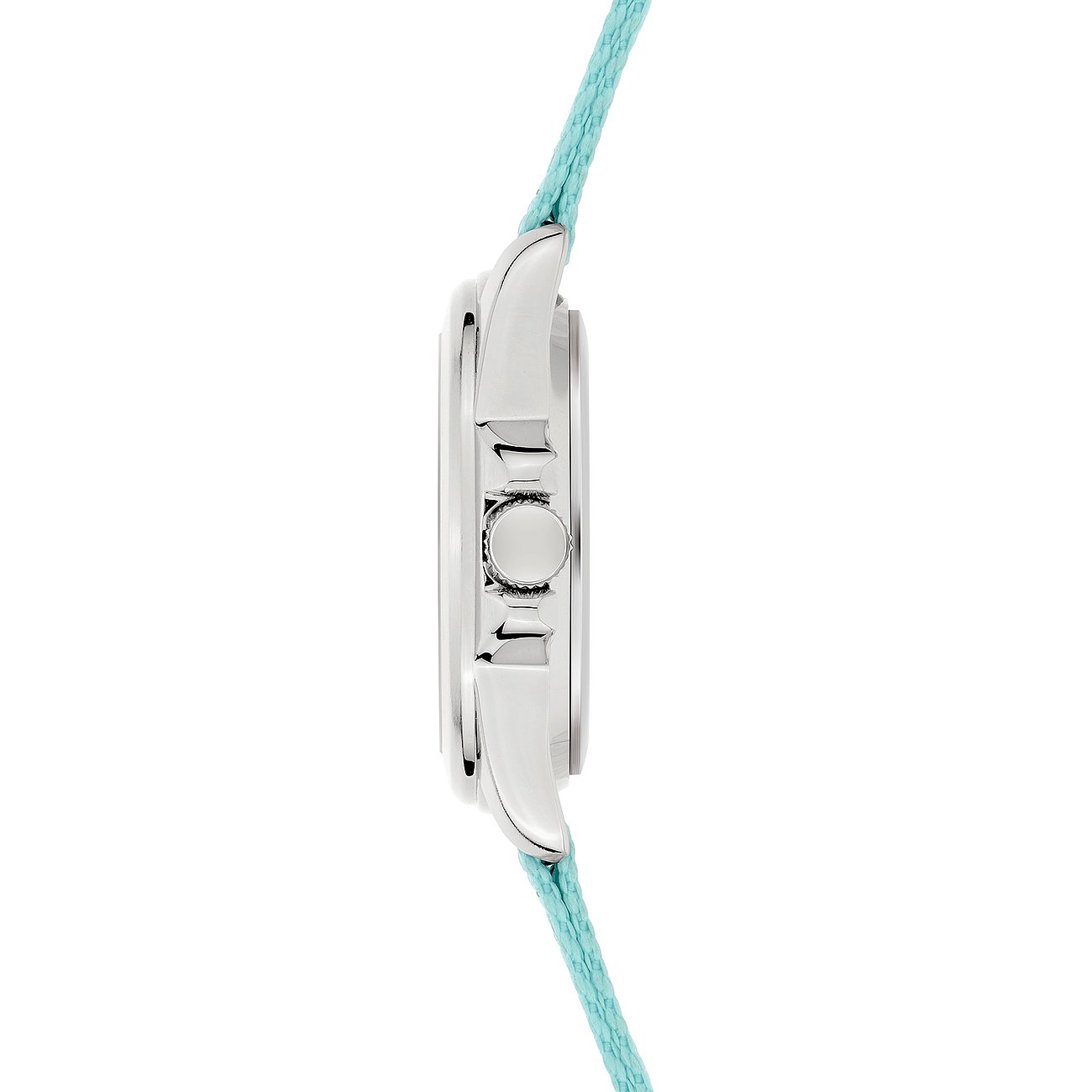 Seitenansicht der s.Oliver Kinder-/Jugenduhr aus Metall mit helltürkisem Textilarmband.