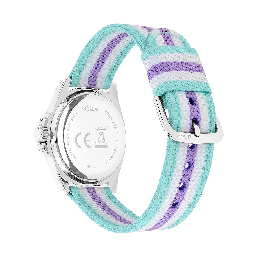 Rückansicht einer s.Oliver Kinder-/Jugenduhr aus Metall mit einem Mintgrün, Lila und Weiß gestreiften Armband.