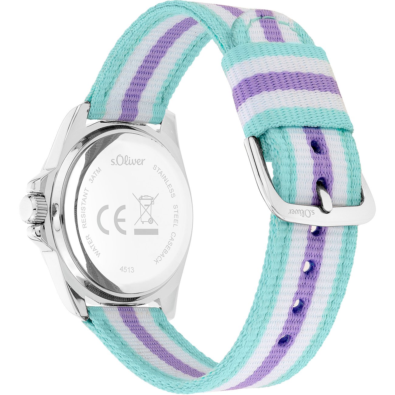 Rückansicht einer s.Oliver Kinder-/Jugenduhr aus Metall mit einem Mintgrün, Lila und Weiß gestreiften Armband.