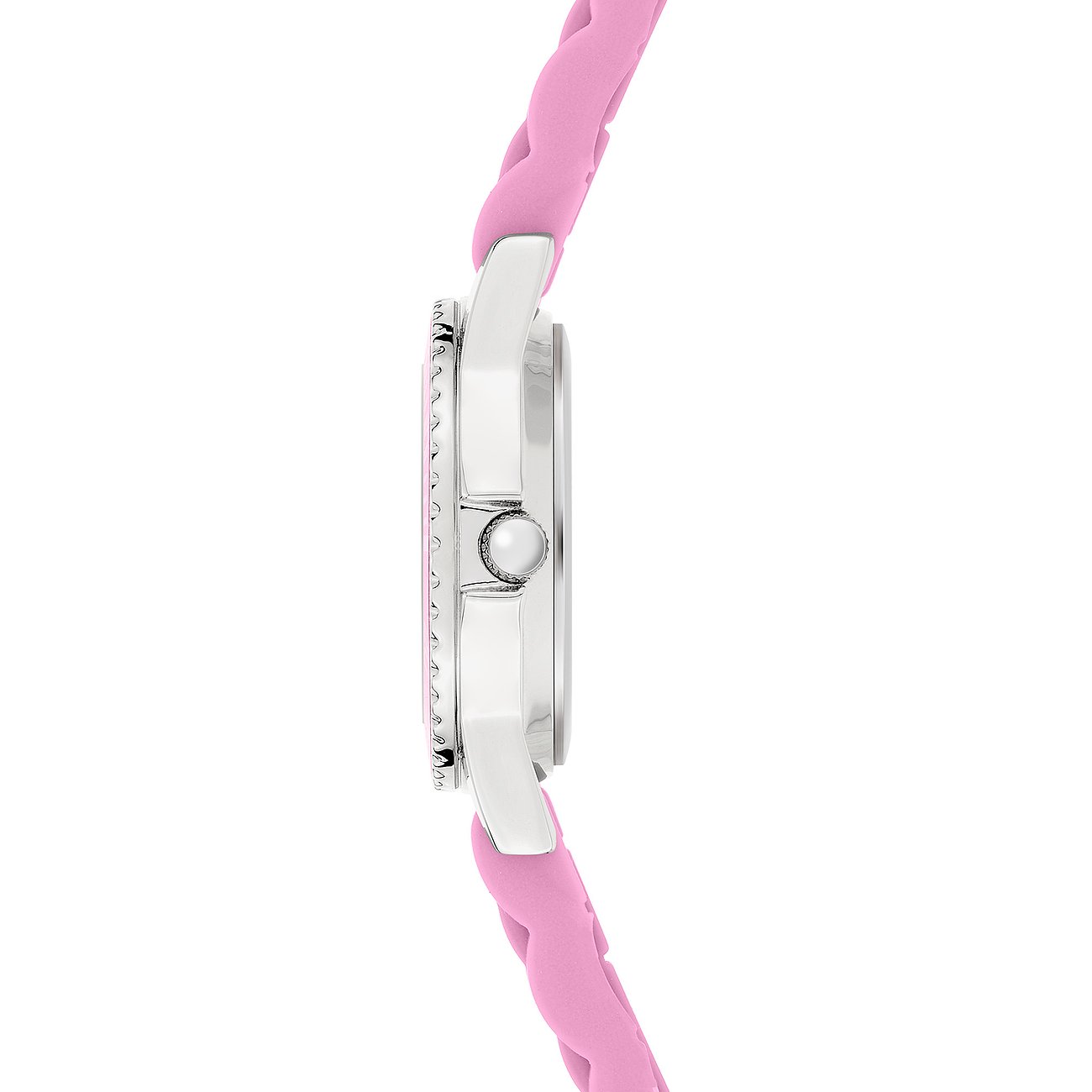 Seitenansicht einer s.Oliver Kinderuhr aus Metall mit pinkfarbenem Armband und Gehäuse.