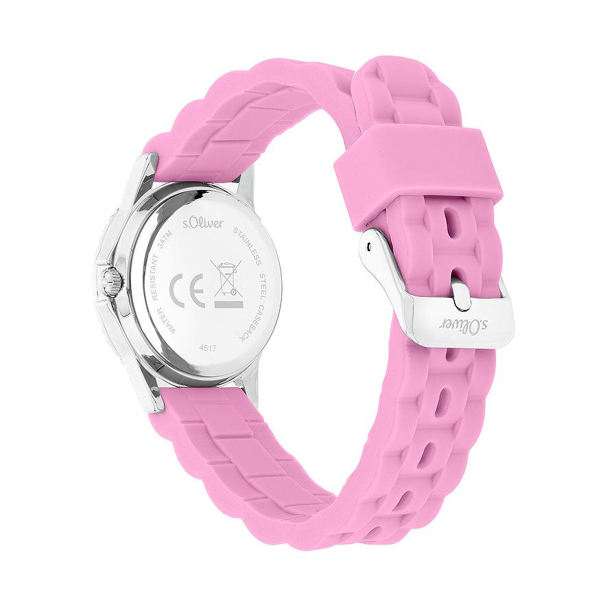 Rückansicht der s.Oliver Kinder-/Jugenduhr aus Metall mit einem pinken Silikonarmband und silberfarbener Schließe.