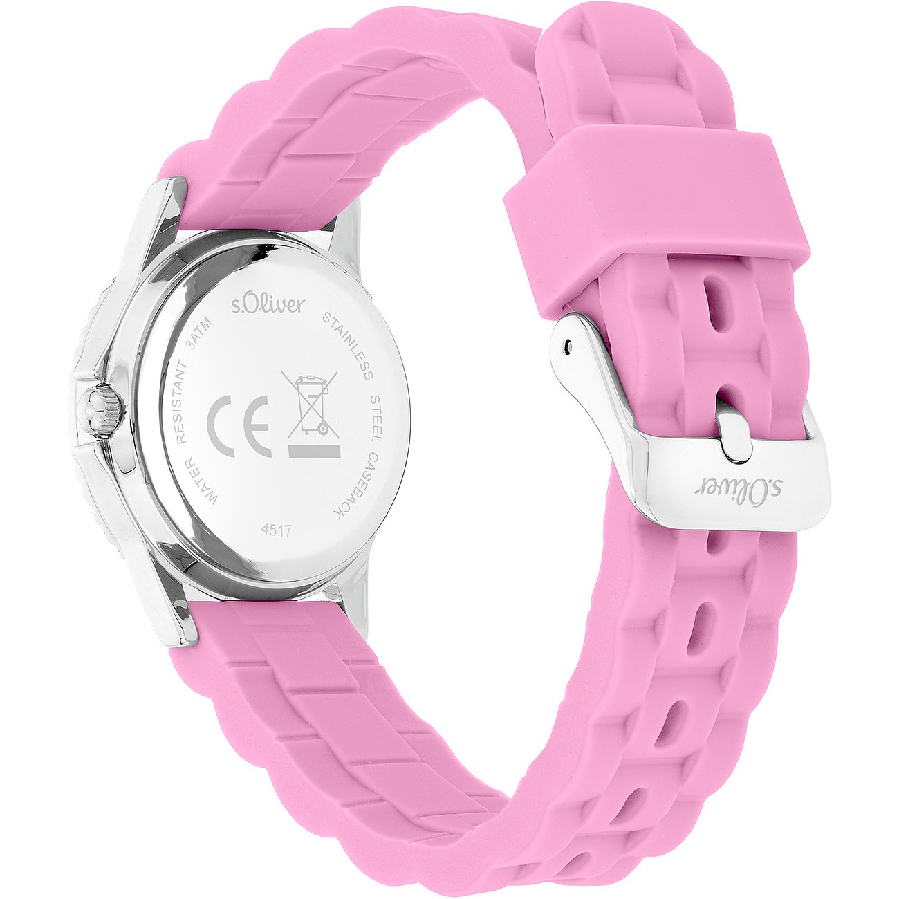Rückansicht der s.Oliver Kinder-/Jugenduhr aus Metall mit einem pinken Silikonarmband und silberfarbener Schließe.