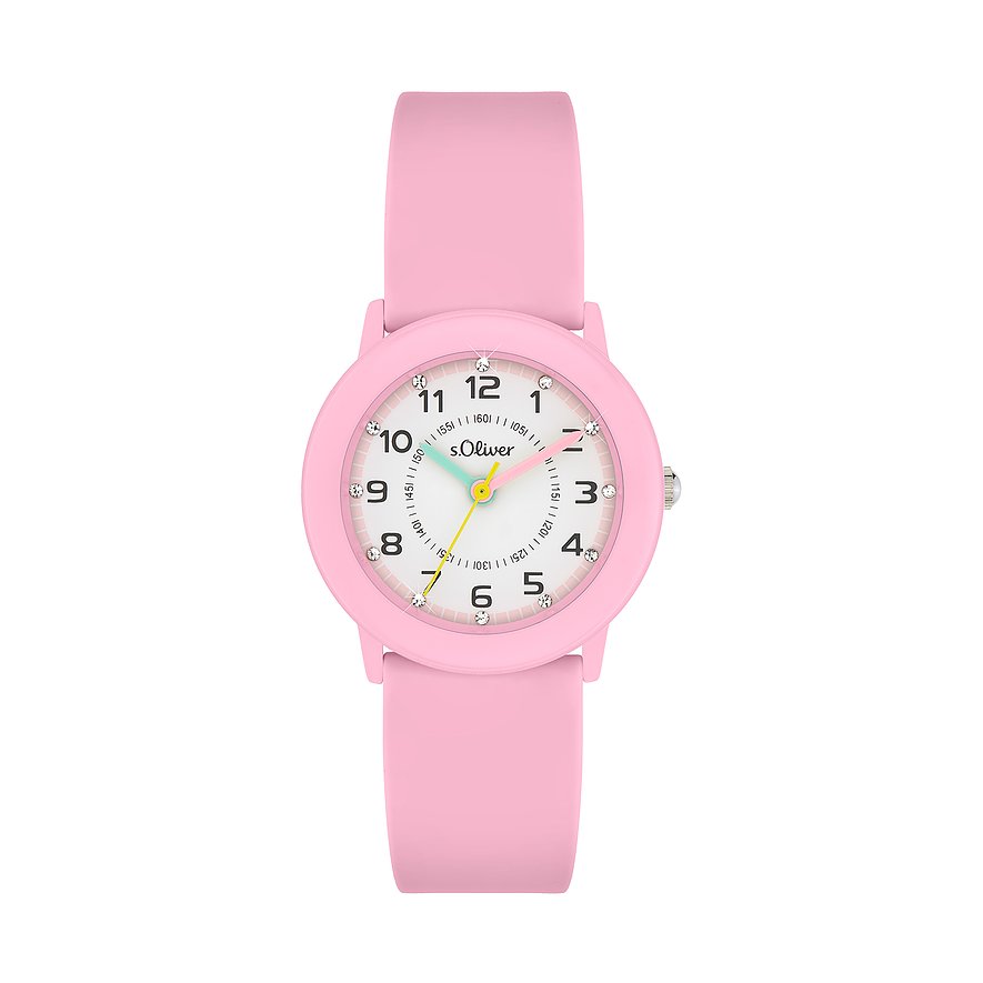 Une montre enfant/ado s.Oliver en métal rose avec strass clairs sur le cadran et bracelet rose.