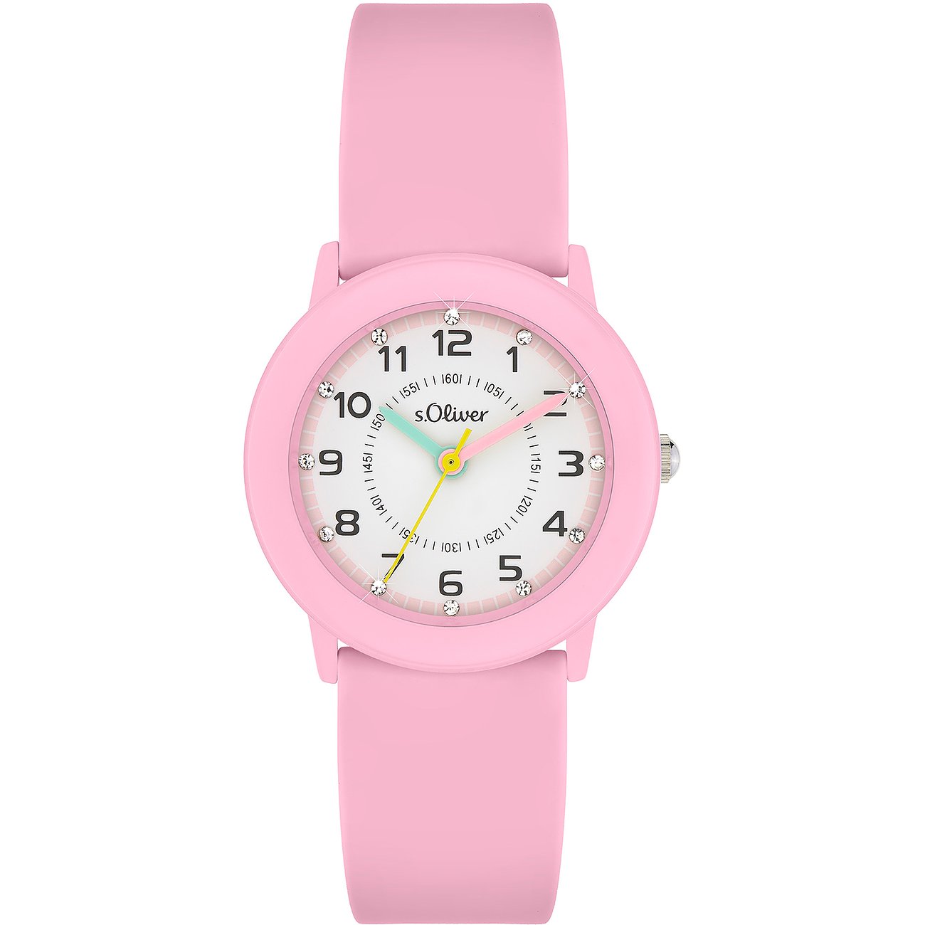 Une montre enfant/ado s.Oliver en métal rose avec strass clairs sur le cadran et bracelet rose.