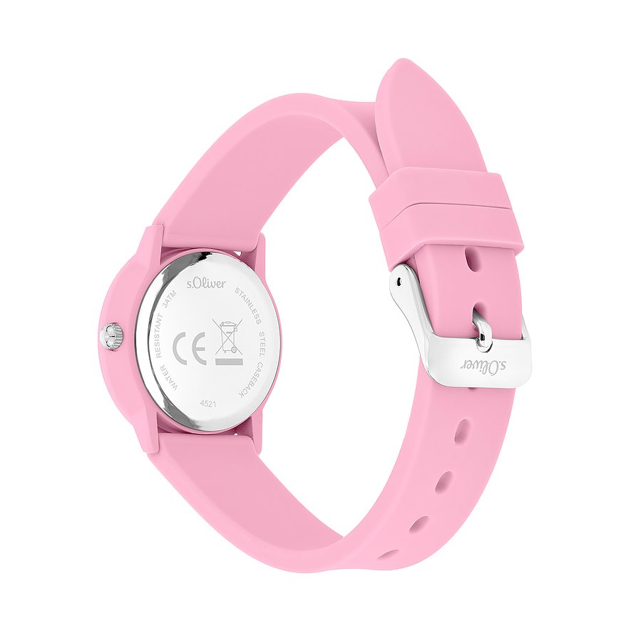 Vue arrière d'une montre en métal s.Oliver pour enfant/adolescent avec bracelet en silicone rose et boucle ardillon argentée.