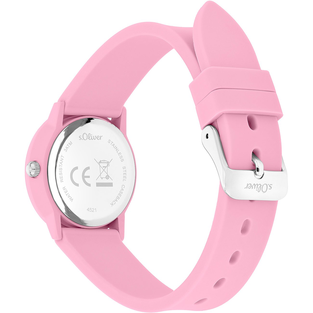 Vue arrière d'une montre en métal s.Oliver pour enfant/adolescent avec bracelet en silicone rose et boucle ardillon argentée.