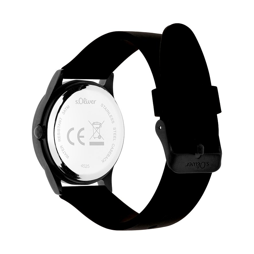 Rückseite einer s.Oliver Kinder-/Jugenduhr aus Metall mit schwarzem Armband und gravierten Details.