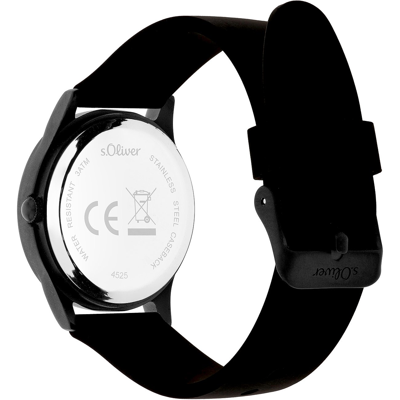 Rückseite einer s.Oliver Kinder-/Jugenduhr aus Metall mit schwarzem Armband und gravierten Details.