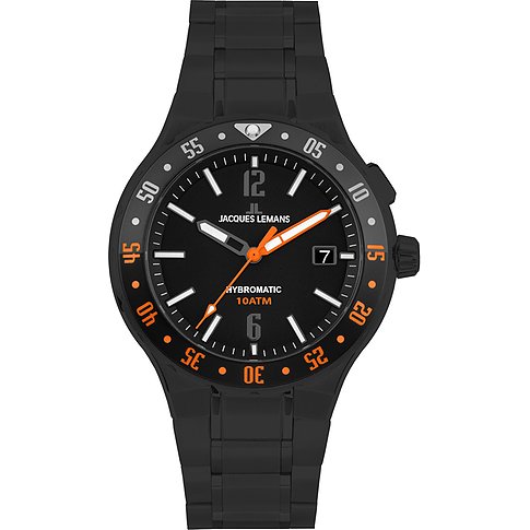 Jacques Lemans Herrenuhr aus schwarzem Edelstahl von oben mit orangefarbenen Akzenten und Datum bei 3 Uhr.