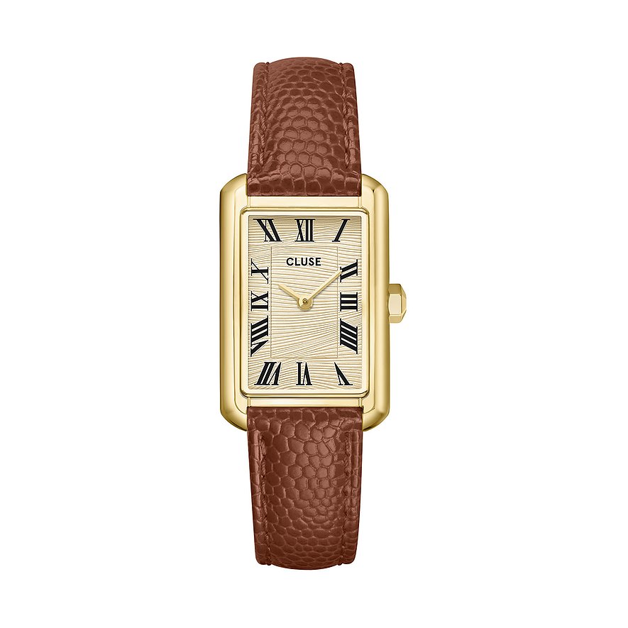 Cluse Damenuhr mit rechteckigem goldfarbenem Edelstahlgehäuse und braunem Lederarmband, Zifferblatt mit feinen Linien.