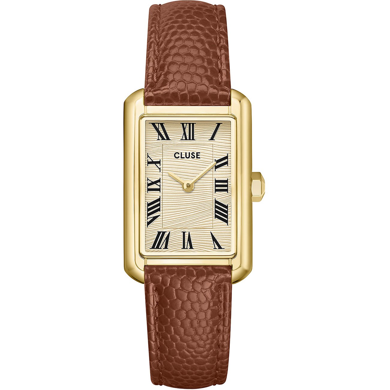 Cluse Damenuhr mit rechteckigem goldfarbenem Edelstahlgehäuse und braunem Lederarmband, Zifferblatt mit feinen Linien.