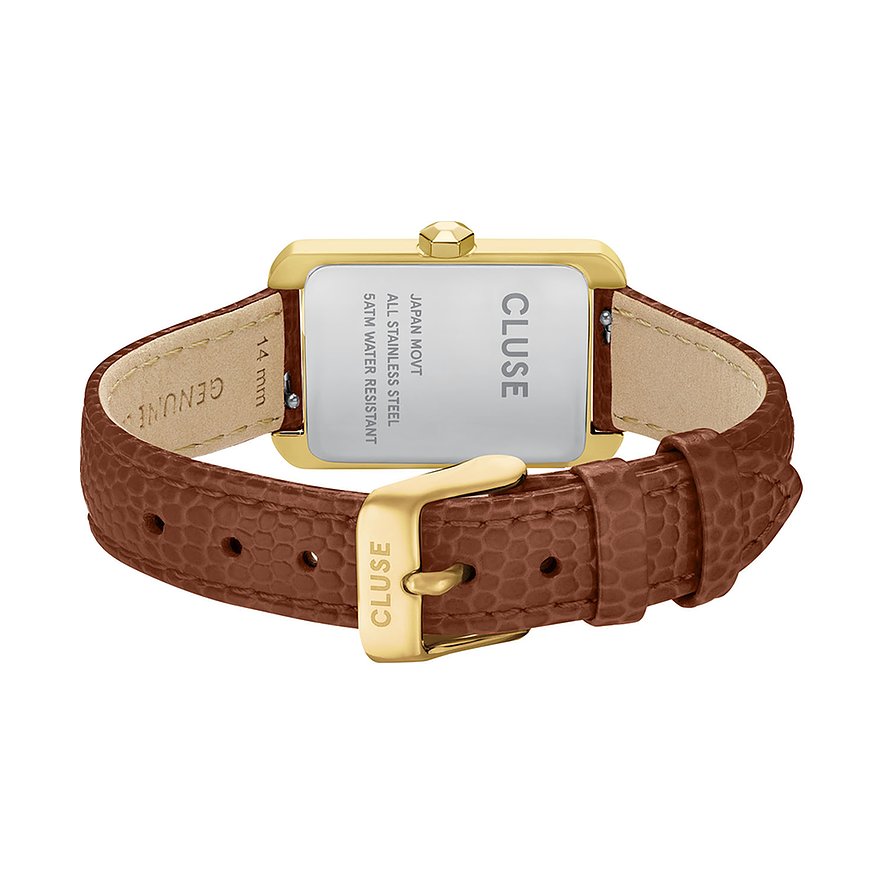 Rückansicht der Cluse Damenuhr aus goldfarbenem Edelstahl mit eingraviertem Cluse-Schriftzug und braunem Lederarmband.