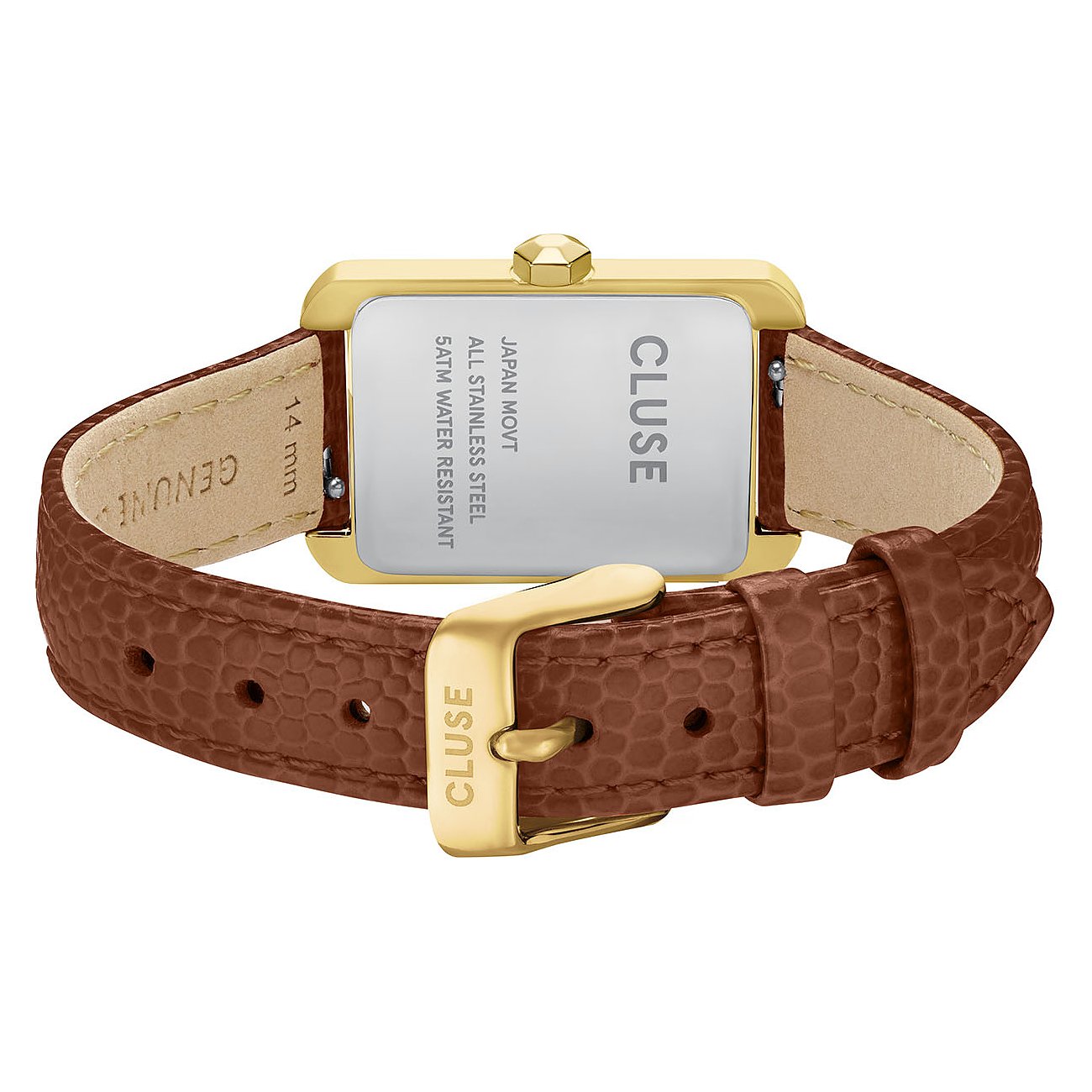 Rückansicht der Cluse Damenuhr aus goldfarbenem Edelstahl mit eingraviertem Cluse-Schriftzug und braunem Lederarmband.