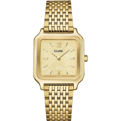 Eine Cluse Damenuhr aus goldfarbenem Edelstahl. Die Uhr hat ein quadratisches Zifferblatt mit feinen Mustern.