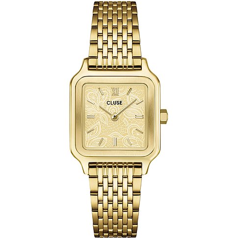 Cluse Damenuhr aus goldfarbenem Edelstahl. Das quadratische Zifferblatt zeigt ein Blumenmuster und römische Ziffern.
