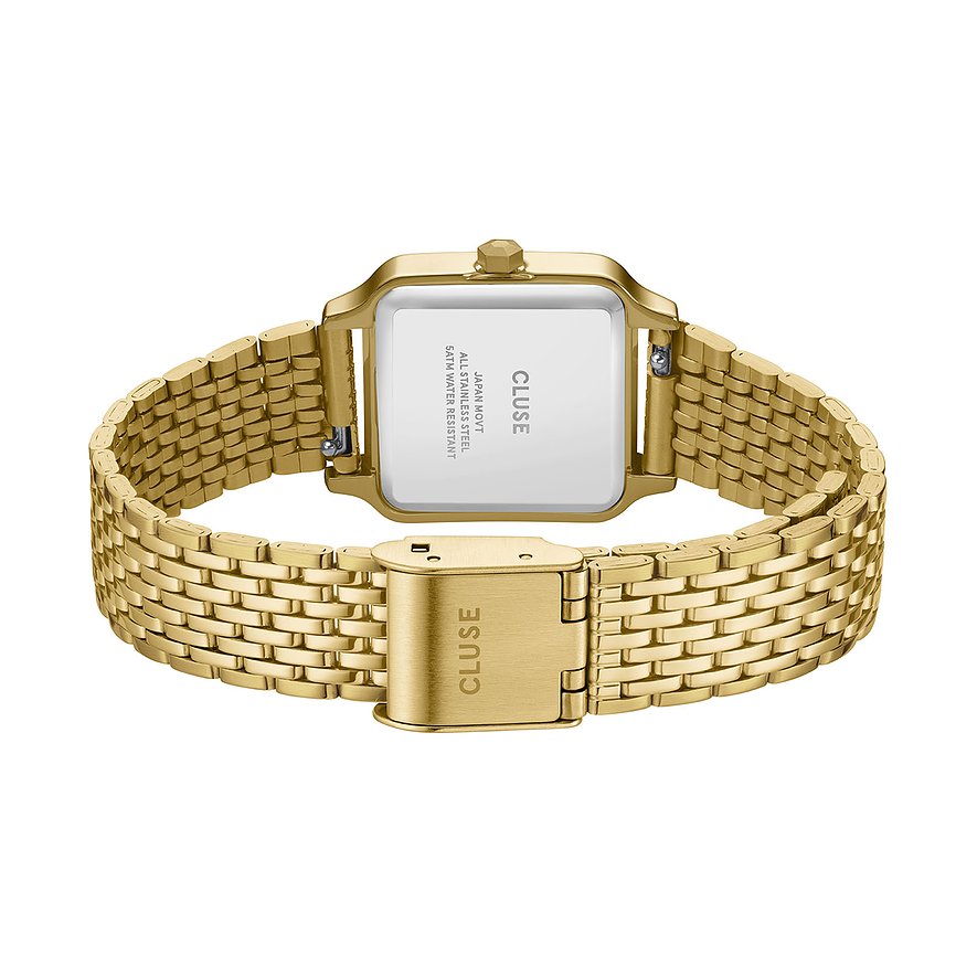 Rückansicht der Cluse Damenuhr aus goldfarbenem Edelstahl mit quadratischem Gehäuse und filigranem Metallarmband.