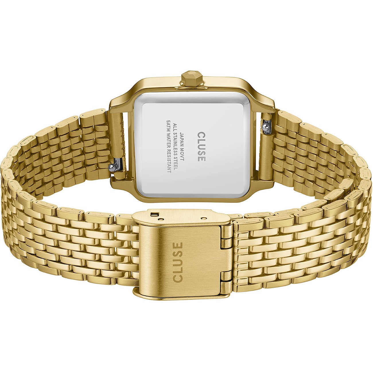 Rückansicht der Cluse Damenuhr aus goldfarbenem Edelstahl mit quadratischem Gehäuse und filigranem Metallarmband.