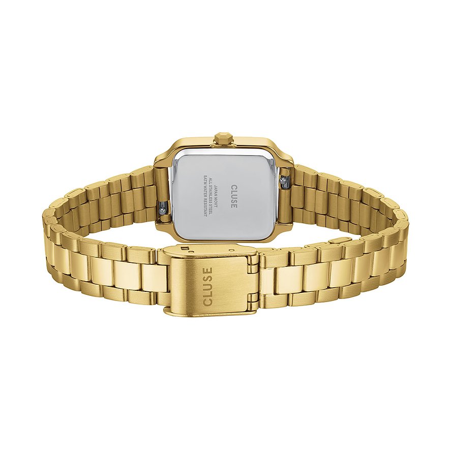 Rückansicht der goldenen Cluse Damenuhr aus robustem Edelstahl mit quadratischem Gehäuse und filigranem Armband.