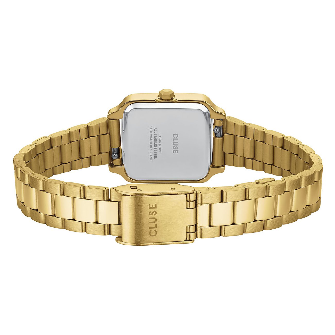 Rückansicht der goldenen Cluse Damenuhr aus robustem Edelstahl mit quadratischem Gehäuse und filigranem Armband.