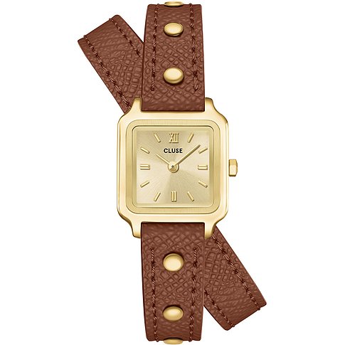 Close Up der Cluse Damenuhr aus Edelstahl mit braunem Lederarmband und goldenem Zifferblatt.