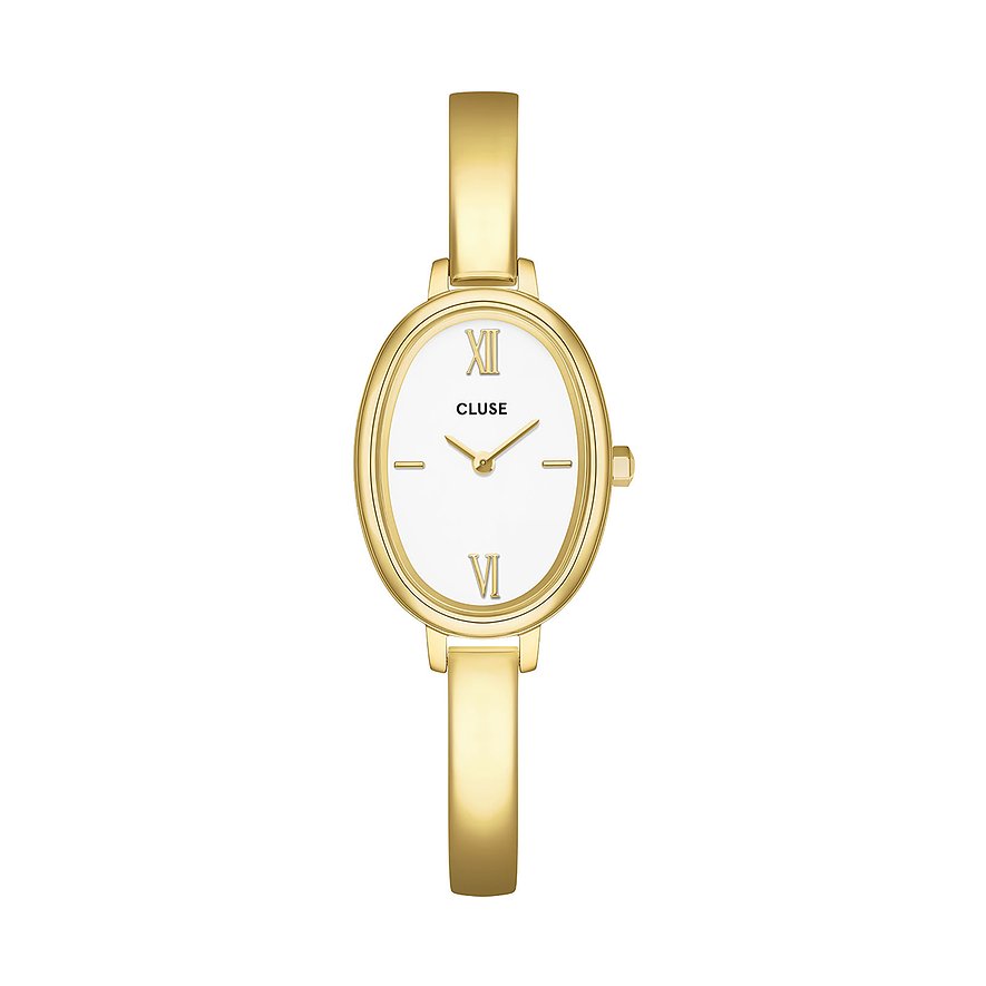Nahaufnahme einer Damenarmbanduhr von Cluse aus goldfarbenem Edelstahl mit ovalem Zifferblatt und weißem Hintergrund.