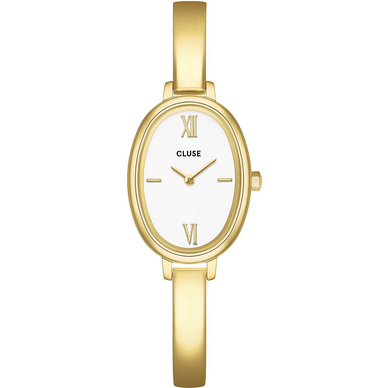 Nahaufnahme einer Damenarmbanduhr von Cluse aus goldfarbenem Edelstahl mit ovalem Zifferblatt und weißem Hintergrund.