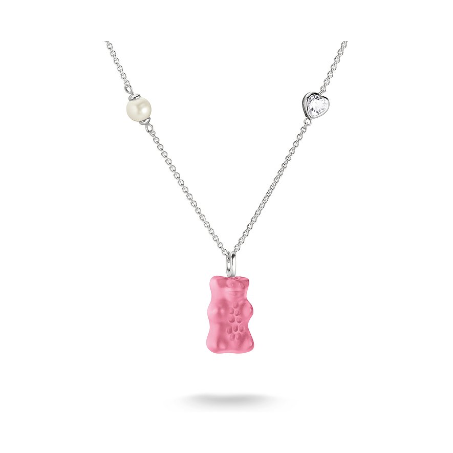 Thomas Sabo Halsschmuck aus Silber mit einem Anhänger in Form eines rosafarbenen Gummibärchens aus Glasstein.