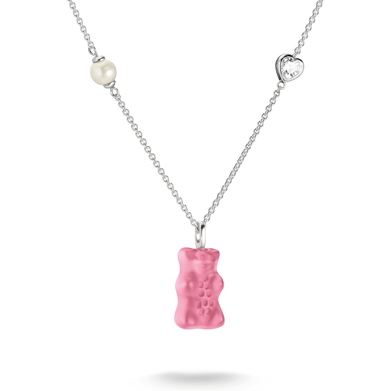 Thomas Sabo Halsschmuck aus Silber mit einem Anhänger in Form eines rosafarbenen Gummibärchens aus Glasstein.