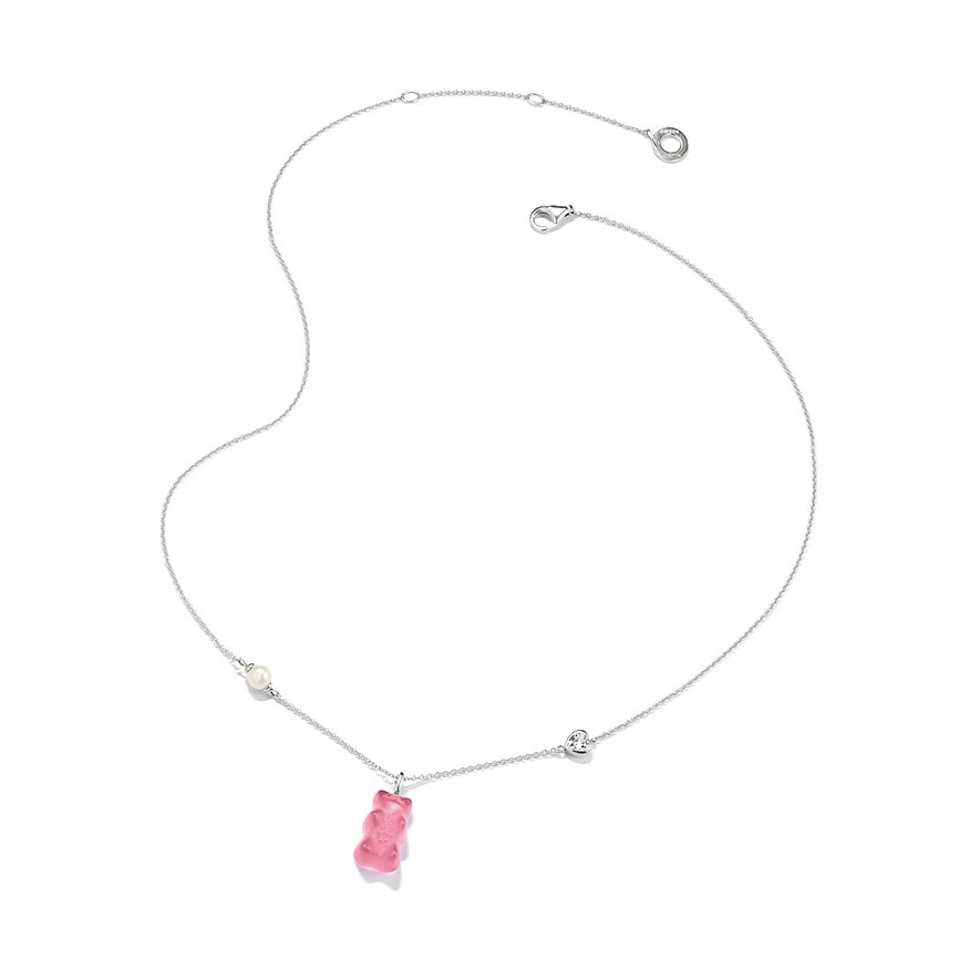 Thomas Sabo Halsschmuck aus Silber mit einem Anhänger in Form eines rosafarbenen Gummibärchens aus Glasstein.