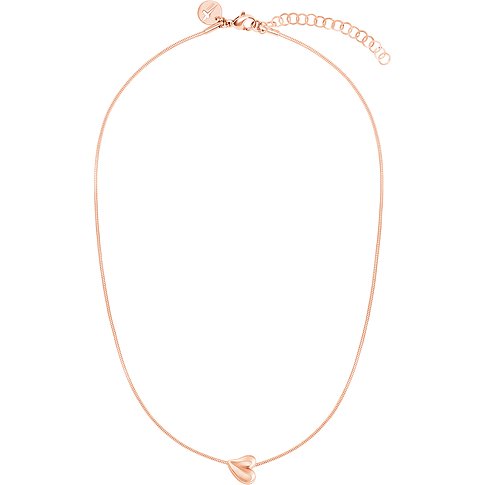 Närbild av ett roséguld Tamaris halsband i rostfritt stål med ett litet, horisontellt hjärthänge.