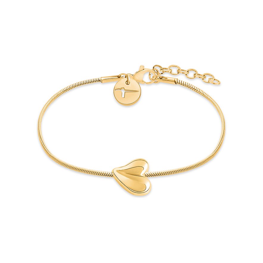 Tamaris Armschmuck aus gelbvergoldetem Edelstahl mit poliertem Herz-Charm Detail in der Mitte.