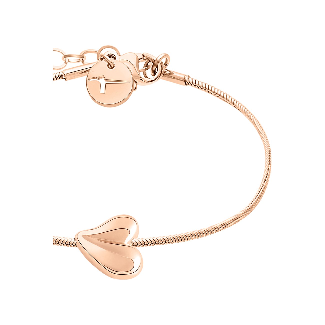 Närbild av ett roséguldfärgat Tamaris armband i rostfritt stål med hjärtberlock och rund plakett.