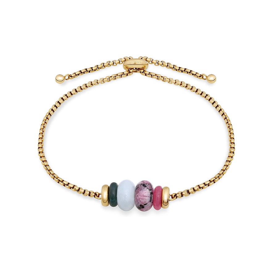 Un bracelet Tamaris doré brillant en acier inoxydable avec fermoir coulissant et cinq perles d'aventurine colorées.