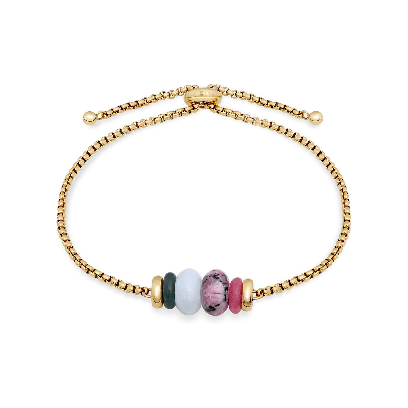 Un bracelet Tamaris doré brillant en acier inoxydable avec fermoir coulissant et cinq perles d'aventurine colorées.